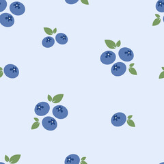 Scattered Blueberries and Green Leaves Seamless Pattern