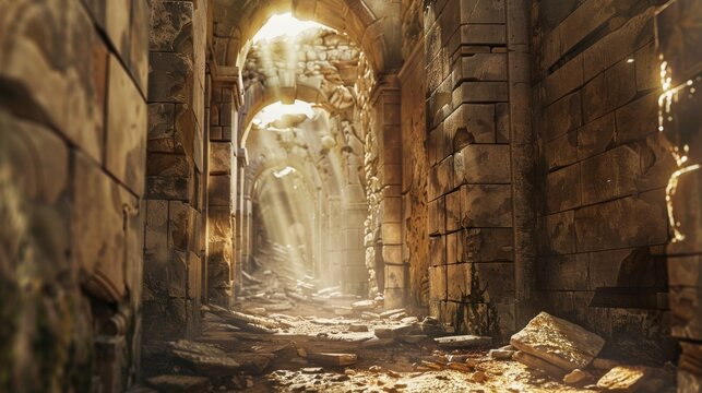A sunlit ancient stone corridor with crumbling walls and scattered debris. Rays of light filter through the archways, creating a mystical atmosphere.