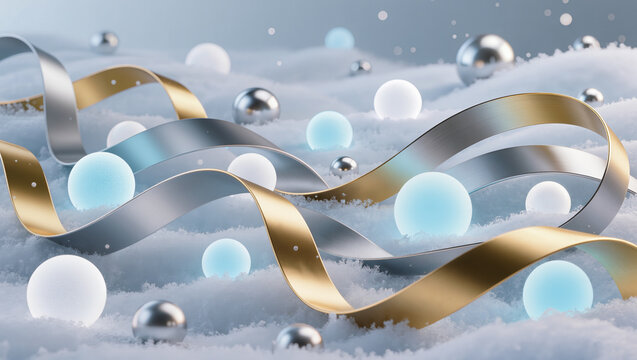 Elegant 3D Render Golden and Silver Ribbons with Glowing Orbs Abstract - Powered by Adobe