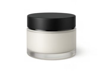 Cosmetic cream jar with black lid, blank white label for beauty product mockup, skincare container on transparent background