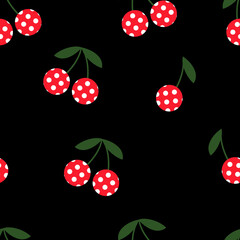 Scattered Red and White Polka Dot Cherries Seamless Pattern on Black