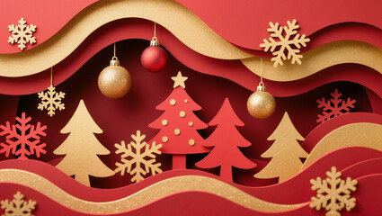 Elegant Layered Christmas Scene with Tree, Ornament, and Snowflake Decoration