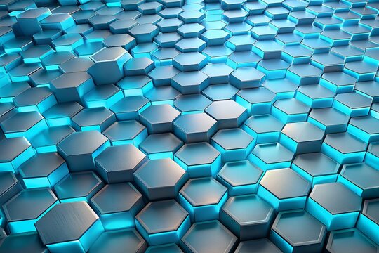 Illuminated hexagonal grid pattern with metallic texture and futuristic blue glow
