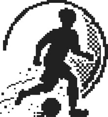Fototapeta premium Pixel art silhouette of a soccer player dribbling ball, dynamic digital motion, retro gaming style, sport concept