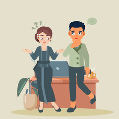 Cartoon vector illustration of a business couple team, with the businessman carrying a briefcase, smiling in the office
