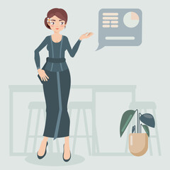 Fashionable businesswoman working at an office desk with a laptop in a vector illustration style