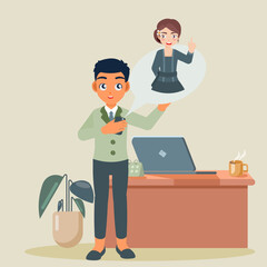 Cartoon illustration of a smiling businessman with a briefcase and a businesswoman working on a laptop at a desk in an office room