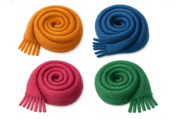 Colorful set of rolled up wool scarves in orange, blue, pink, and green creating a vibrant fashion accessory collection