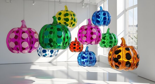 Vibrant collection of colorful polka dot pumpkin shaped balloons floating indoors creating a festive and playful autumn decoration