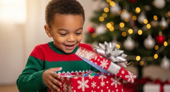 Joyful child opening gift box by christmas tree, perfect for holiday greeting cards