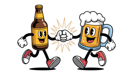 Cartoon Beer Bottle and Glass – Cute Characters Bumping Fists, Celebrating Friendship, Fun Vector Illustration for Pub, Party or Bar Design