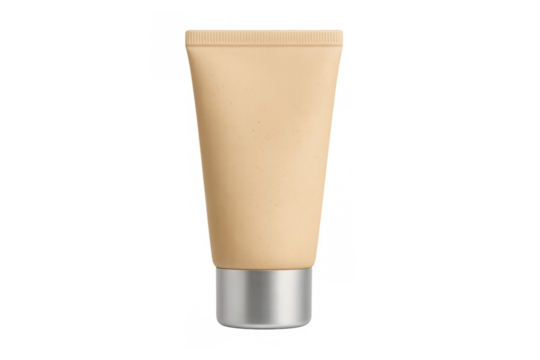 Beige cosmetic tube with silver cap packaging mockup, skincare cream or foundation product, transparent background