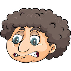 Cartoon Face With Curly Brown Hair Showing Nervous Expression And Biting Lips With Wide Blue Eyes And Orange Skin In A Close Up Studio Shot