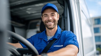 Happy courier man in branded uniform sitting in the driverâs seat of a clean delivery van, sunlight streaming through the windshield as he smiles confidently at the camera