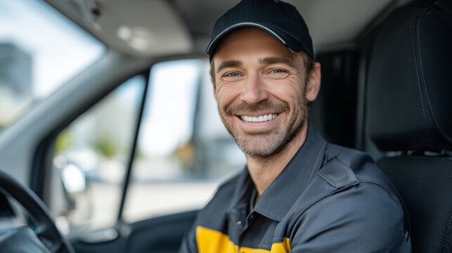 Happy courier man in branded uniform sitting in the driverâs seat of a clean delivery van, sunlight streaming through the windshield as he smiles confidently at the camera