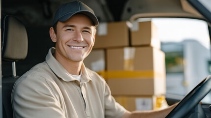 Bright lifestyle shot of a smiling delivery man behind the wheel, sun rays entering through the windshield, boxes arranged tidily in the cargo area