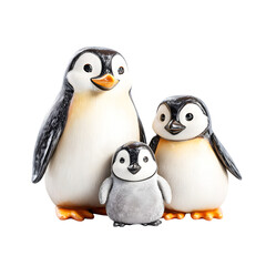 Fototapeta premium Three adorable penguin figurines family group isolated on transparent background