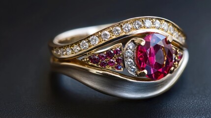 A close-up of a gold and diamond ring with a large, round, red gemstone and a smaller, round, pink gemstone, set in a wave-like design, against a dark background