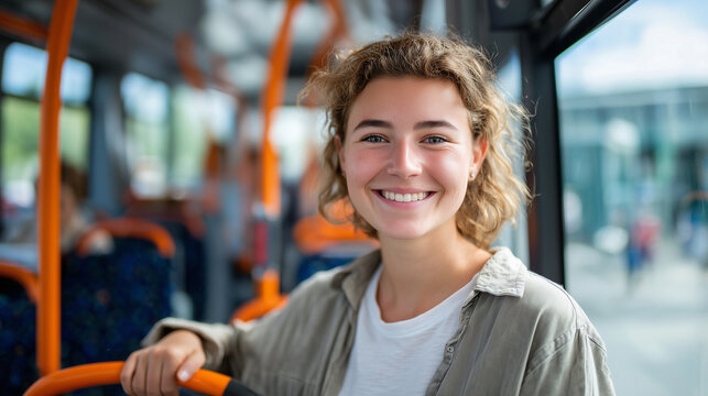 Smiling female passenger standing upright in a modern bus interior, hand resting on a bright orange handle, natural daylight highlighting her face