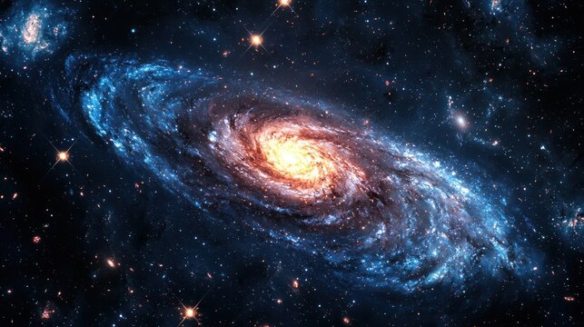 A vast, colorful spiral galaxy with a bright, glowing core and a blue, swirling pattern of stars and gas clouds in the background.