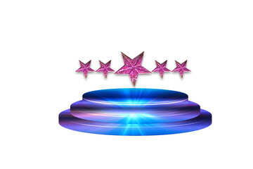 3d rendered illustration of a podium with stars. Glowing star element on podium and glitter light effects. 5 star on a tiered podium isolated on transparent background.