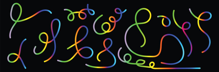 Colorful iridescent abstract lines and squiggles design elements