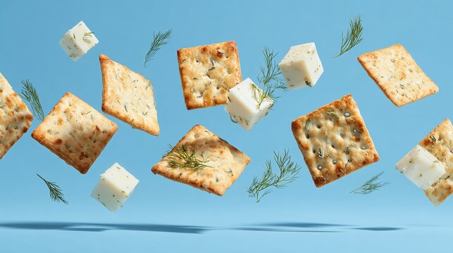Delicious square crackers with fresh herbs and cheese cubes gracefully float against a serene blue backdrop, embodying savory perfection and culinary art. Delightful!