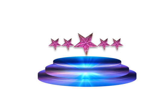 3d rendered illustration of a podium with stars. Glowing star element on podium and glitter light effects. 5 star on a tiered podium isolated on transparent background.
