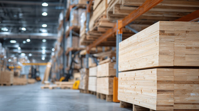 Clean, modern warehouse environment showing orderly stacks of construction timber and plywood boards on metal shelves, symbolizing precision and productivity