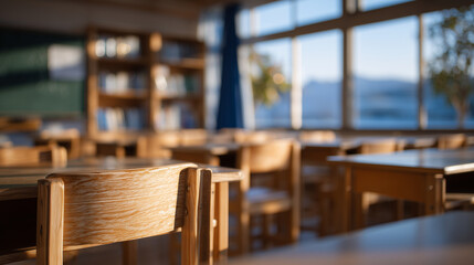 Empty classroom bathed in afternoon light, rows of wooden desks creating rhythm and depth, a sense of readiness for learning and discovery