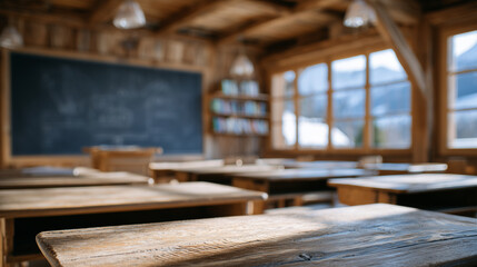 Traditional classroom interior with vintage wooden furniture, sunlight reflecting off smooth desk surfaces, blackboard filled with faint chalk marks from the previous lesson