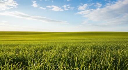 Obraz premium A vast, green, grassy field under a clear blue sky with scattered white clouds.