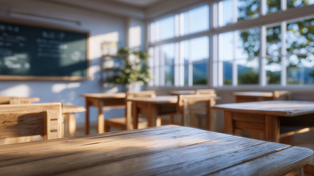 Serene empty classroom with neatly arranged wooden desks facing a classic blackboard, soft morning sunlight streaming through tall windows casting gentle shadows - Powered by Adobe