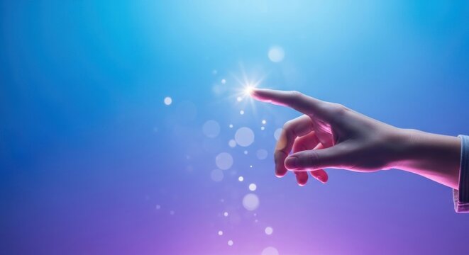A hand reaching out towards a glowing light in a blue and purple gradient background. - Powered by Adobe