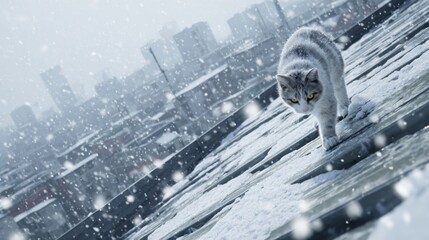 A snowy rooftop with a cat walking carefully,