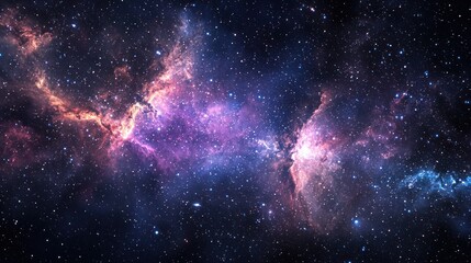 Obraz premium A vast, colorful nebula with stars and gas clouds, set against a dark, starry sky with a few scattered planets and stars.