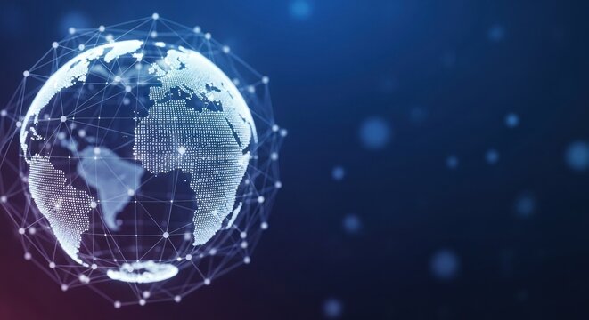 A globe with a network of connections against a blue and purple gradient background. - Powered by Adobe