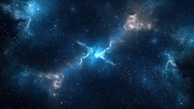 A vast, dark blue and purple nebula with a bright blue star in the center, surrounded by countless stars and nebulae, set against a starry night sky with countless stars and nebulae - Powered by Adobe