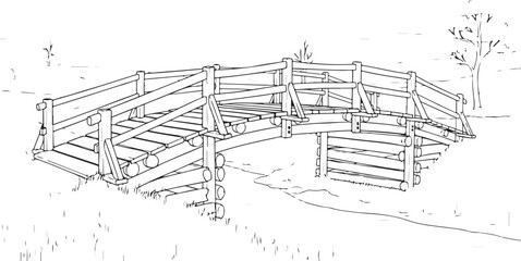Obraz premium Line Art Illustration of a Rustic Wooden Bridge over a Small Stream