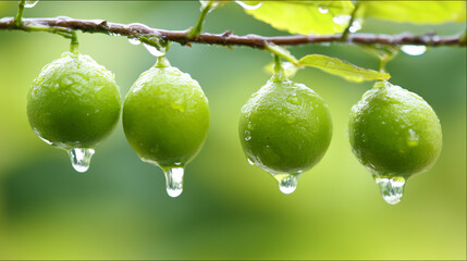 Vibrant green sudachi limes hanging from a rain-moistened branch with water droplets. menu design, packaging mockups, designed for culinary blogs and recipe cards for restaurants. 