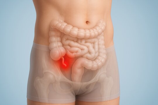 3D medical anatomical front view of lower right abdomen showing appendicitis with vivid red inflamed appendix below navel, clinical visualization acute inflammation of the appendix and pelvic pain.