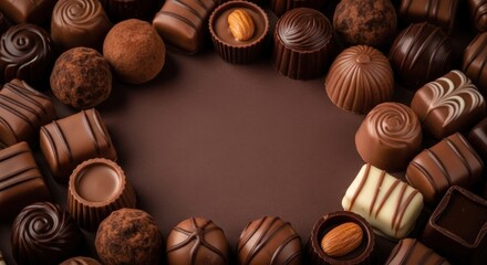 A variety of chocolates arranged in a circular pattern on a dark brown background.