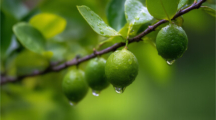 Vibrant green sudachi limes hanging from a rain-moistened branch with water droplets. menu design, packaging mockups, designed for culinary blogs and recipe cards for restaurants. 