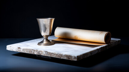 A classical kylix cup and an open scroll on a weathered marble pedestal. event programs, museum guides, designed for cultural heritage projects and event programs, supports education.