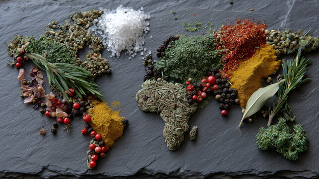 Earth map created from colorful spices like curry, cumin, and chili flakes with small vegetables accenting regions, placed on matte grey stone surface