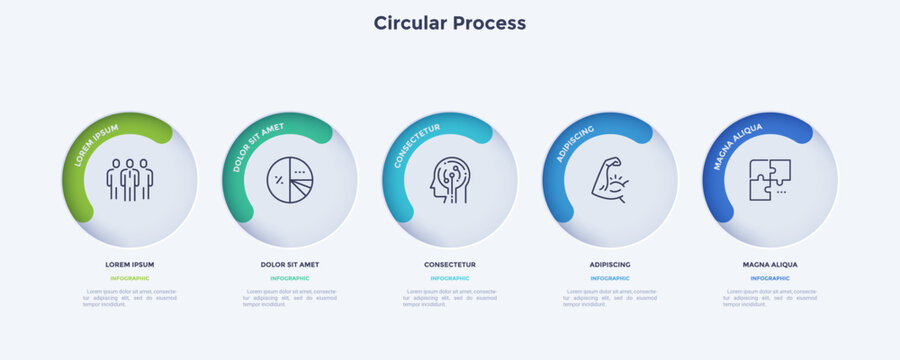 Circular process diagram color minimalist design with 5 steps sequence. Business communication and development presentation with frames. Five connected round shapes for data infographic