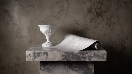 A classical kylix cup and an open scroll on a weathered marble pedestal. event programs, museum guides, designed for cultural heritage projects and event programs, supports education.