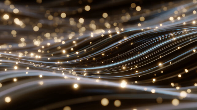 Abstract background featuring flowing wave-like glowing lines intertwined with shimmering particles, radiating energy and motion on a dark gradient backdrop