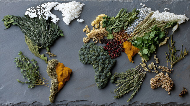 World food diversity map crafted from crushed spices, grains, and herbs, arranged with precision on textured grey stone, reflecting culinary harmony