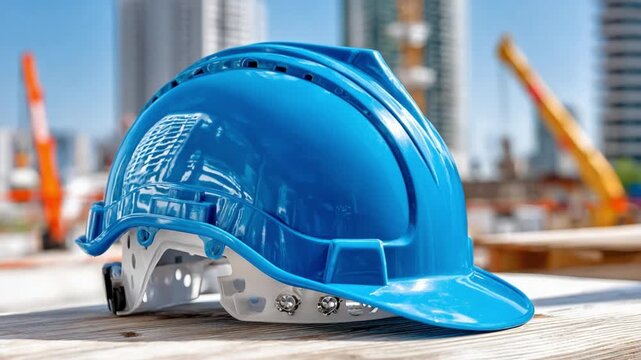 Safety First: A vibrant blue hard hat, symbol of protection and industry, sits poised on a wooden surface at a construction site, ready for the next phase.